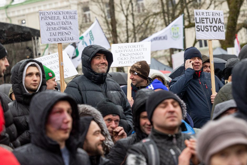 Žemdirbių protestas: skambūs šūkiai, „nubaubtas“ ministras, gaudžiantys traktorių signalai 