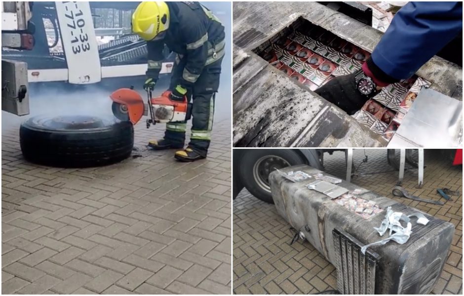 Kontrabandinių cigarečių prikimštą vilkiką muitininkai ardė su ugniagesiais